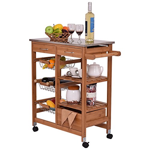 Bamboo Rolling Island Trolley Kitchen Cart Storage Shelf Drawers Basket Dining - Thumbnail 6