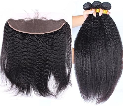 Vinsteen Brazilian Hair Weaves Natural Wave Kinky Straight Human Hair 3 Bundles 8A Quality Double Weft Extensions with 13X4 Lace Frontal Closure (8 8 8 &amp; Closure 8)