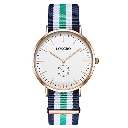 LONGBO Classic Men's Nylon Strap Watch Analog Quartz Ultra Thin Rose Gold Case Multi-Color Band Business Watches Big Face Dress Wrist Watch with Blue White Green White Blue Striped Canvas Band