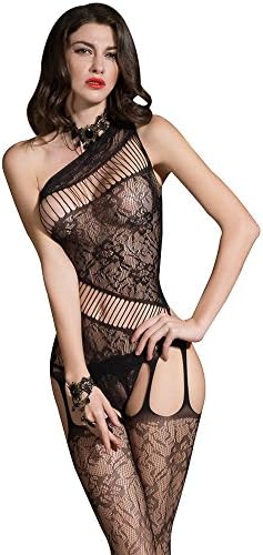 Romede Women Sexy Lingerie Fishnet Bodystocking Lace Striped Crotchless Bodysuit