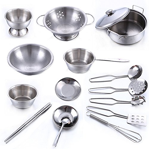 USHOT 16 Pcs Set Kids Play House Kitchen Toys Cookware Cooking Utensils Pots Pans Gift Silver One Size - Thumbnail 2