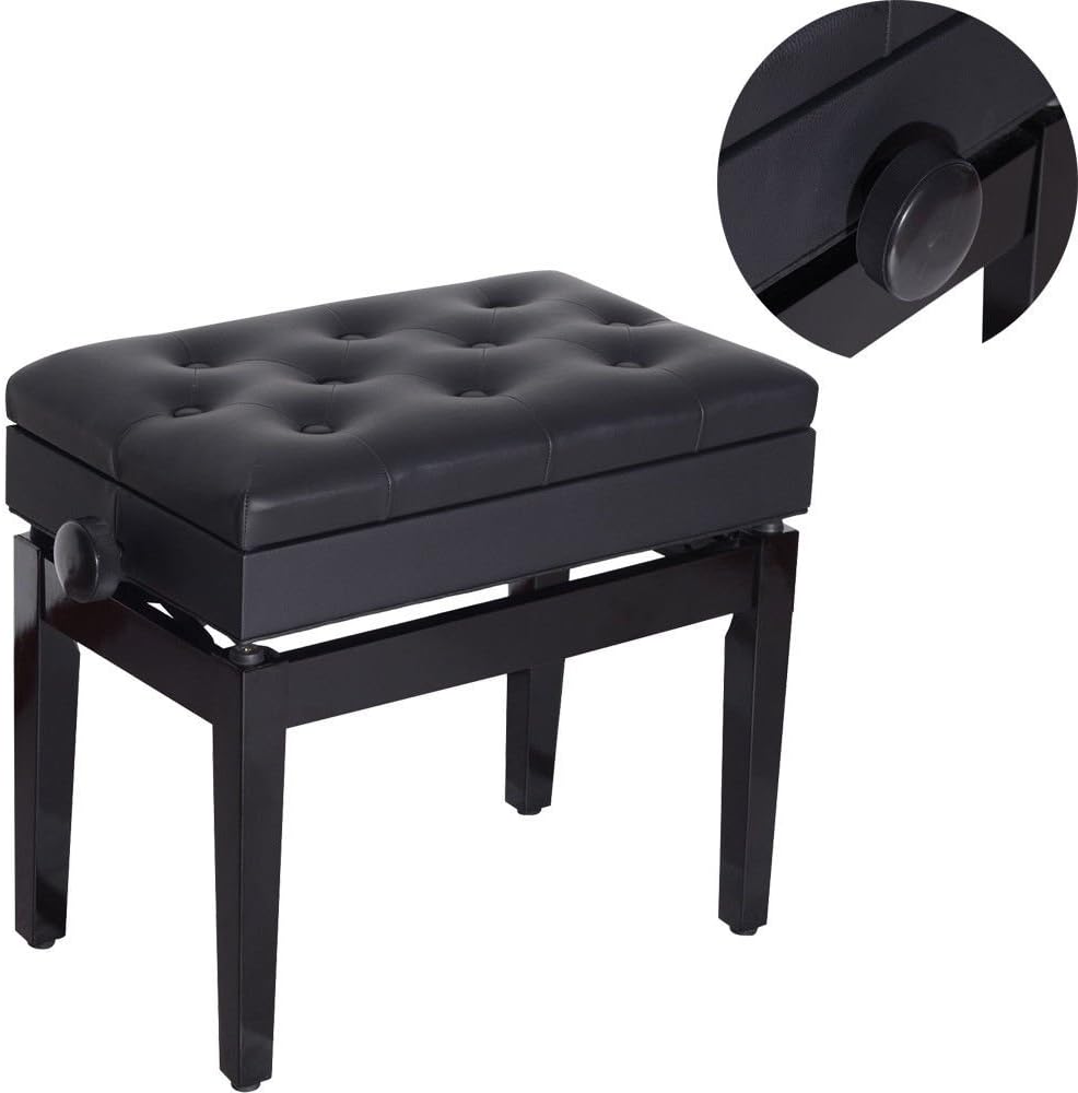 Adjustable PU Piano Wood Bench Storage Keyboard Stool Padded Height Seat Black