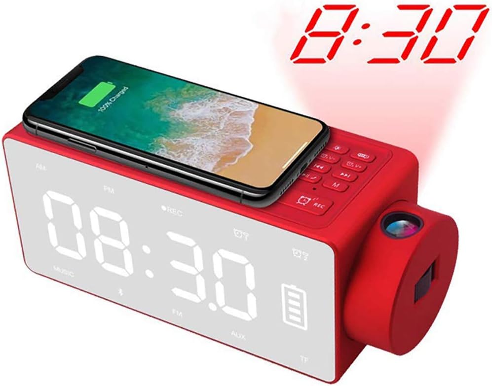 TEHWDE Projection Alarm Clock Bluetooth Speaker with Wireless Charging DIY Ringtone,One-Click Snooze,Call Speaker,Fm Radio,Mirror Material,Bluetooth 4.2 chip,Digital time Display,TF Reading Function