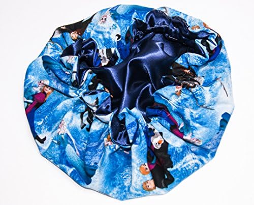 (KIDS FROZEN, NAVY BLUE) lined HANDCRAFTED Reversible Kids and toddlers Satin Bonnet will fit AGE 12 Months to 10 years - (MADE IN USA)