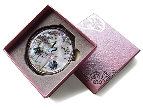 White-Mother-of-Pearl-Compact-Mirror-Metal-Round-Double-Sided-Folding-Magnify-Crane-Apricot-Tree-Design