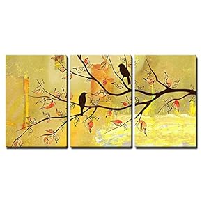 3 Piece Canvas Wall Art - Two Birds on Tree Branches on Vintage Yellow Background - Modern Home Art Stretched and Framed Ready to Hang - 16"x24"x3 Panels