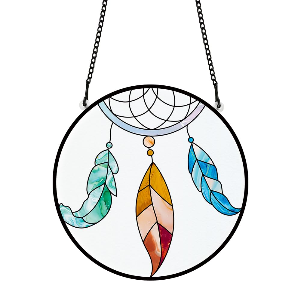 PLIGREAT Suncatchers Feather Dreamcatcher Acrylic Stained Glass Sun Catchers Summer Patio Garden Hanging Tree Ornaments for Living Room Bedroom Playroom Window Decoration Wall Art Decor Memorial Gifts