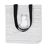 Caixia Women's Black Stripe Lazy Cat Print Canvas Tote Bag Beige