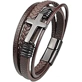 Jennoria Mens Brown Leather Bracelet Multi-Layer Braided Leather Cross Bracelet Religious Confirmation Gifts (Brown Leather Black Cross, 9.25)