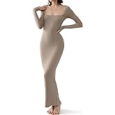 PUMIEY Women's Square Neck Long Sleeve Maxi Dress Ribbed Bodycon Dresses for Women Soft Lounge Dress