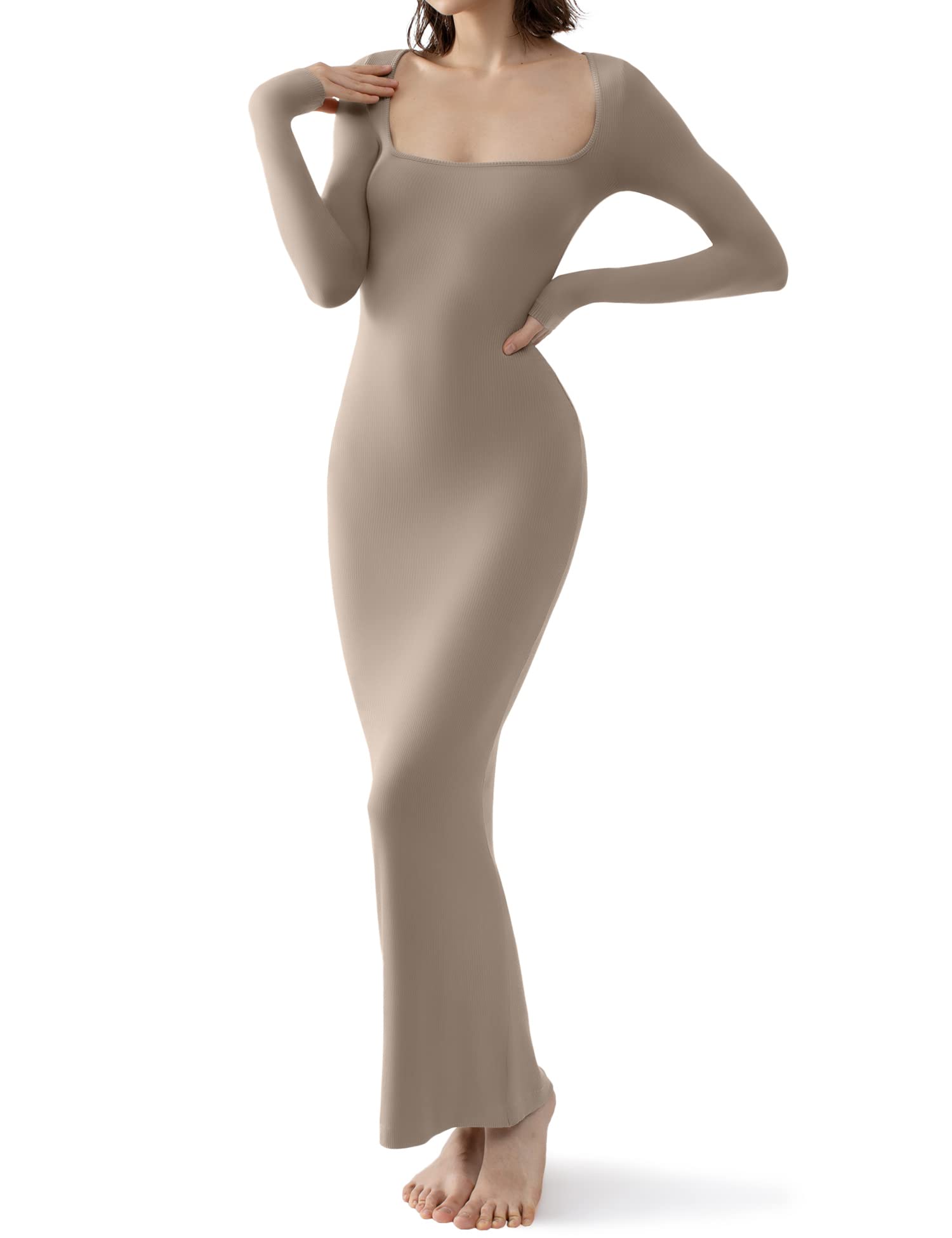 PUMIEY Long Sleeve Dress for Women Maxi Dress Sexy Bodycon Dresses for Women Wedding Guest Dresses Khaki Small Image