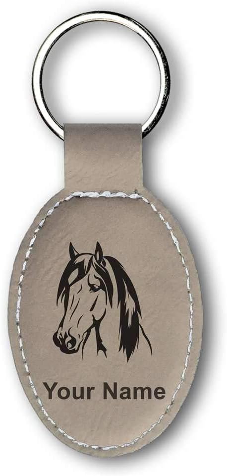 Oval Keychain, Horse Head 1, Personalized Engraving Included (Light Brown)
