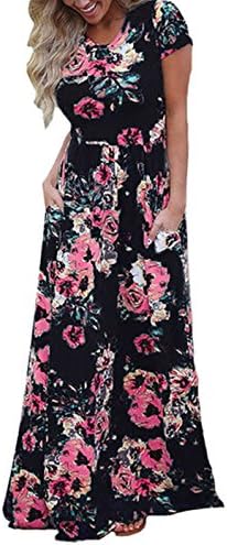 Lanremon Women's Floral Print Rose Maxi Retro Bohemian Long Dress Summer 3/4 Sleeve Round Neck Pocket Pleated Robe