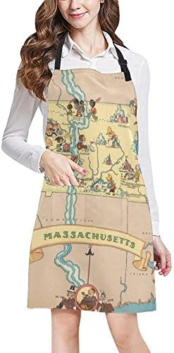 Vintage 1935 Massachusetts State Map Adjustable Kitchen Chef Bib Apron with Pocket for Cooking, Baking, Crafting, Gardening