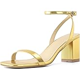 LACUONE Strappy Heels for women Block Chunky Heels Ankle Buckle Square Toe Heeled Sandals