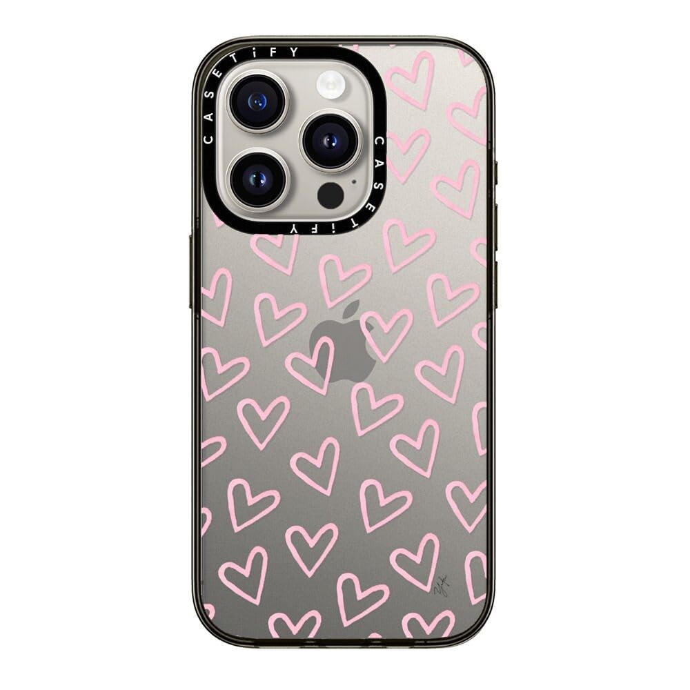 CASETiFY Compact Case for iPhone 15 Pro [2X Military Grade Drop Tested / 4ft Drop Protection] - HEARTS/Light Pink Thin - Clear Black — image 1