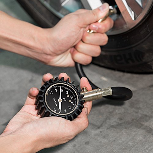High-precision Tire Pressure Gauge (60-100 PSI) ,Premium Braided Hose, Solid Brass Hardware, Best For Any Heavy Duty Car, Truck, Motorcycle, RV and so on (Gold, 100psi)