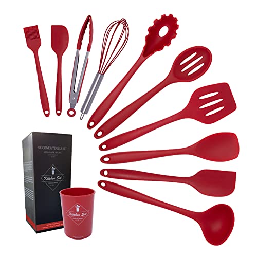 K & G Silicone Cooking Utensils Set 11 pcs red kitchen utensils set with holder, spatula, whisk, tongs, soup ladle, silicone spoon & more. Non-stick, dishwasher safe, odorless, cookware set friendly