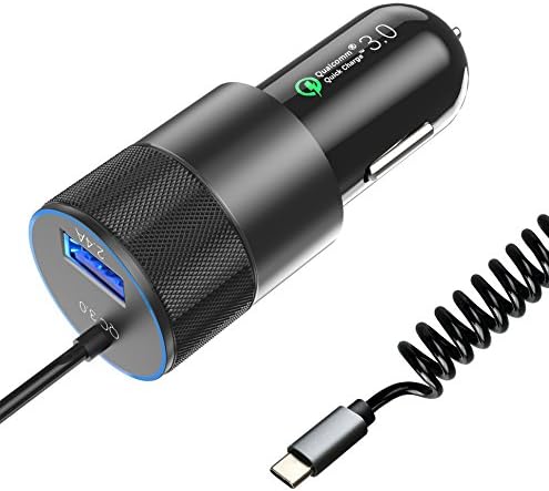 USB Type C Car Charger, 36W USB Car Charger with Quick Charge 3.0 Technology,Built-in Coiled Type C Cable for Nexus 6P 5X, LG G6, Galaxy S8/S8+,Note 8 ,Pixel 2/2 XL,OnePlus,HTC 10/U11/Bolt/Ultra[with