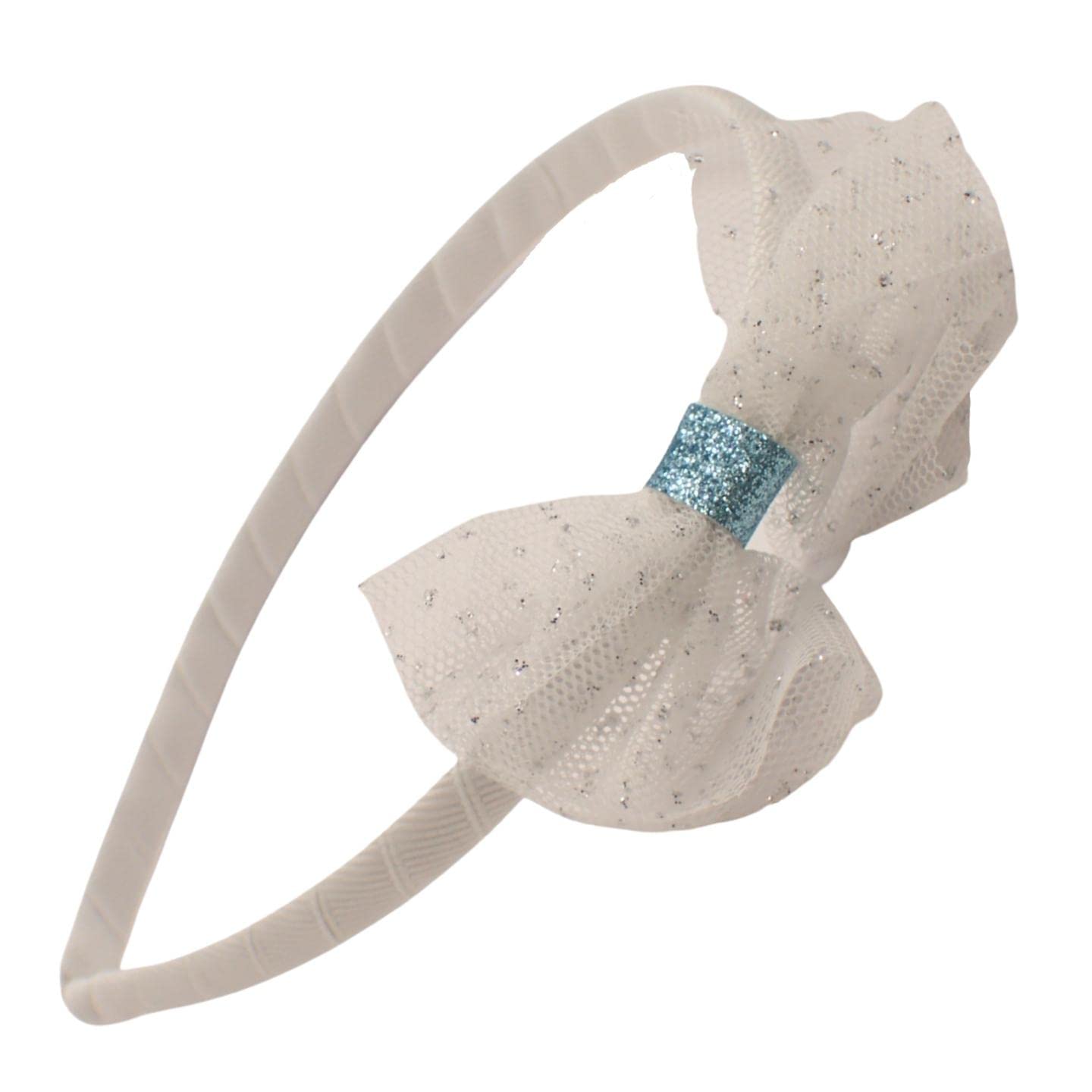 Topkids Accessories Small Bow Design Alice Bands, Pretty Girl’s Hair Pink Glitter Bow, Polka Dot, Blue & White Headband, Hair Bands for Girl’s & Women (White Sparkles)