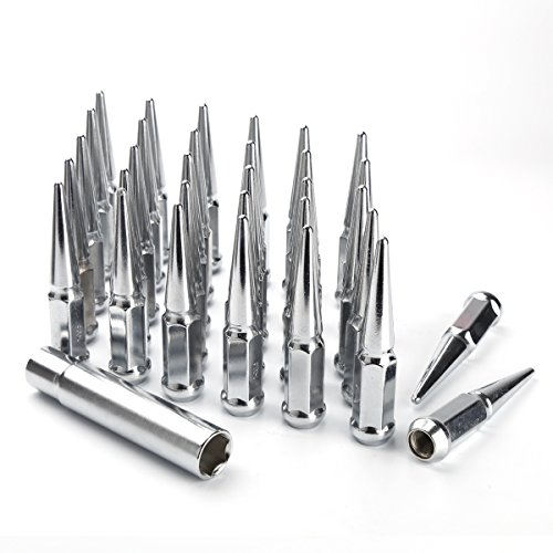 KSP 32 Pc Spike Lug Nuts 9/16-18 thread 4.4" Overall length Closed End Bulge Acorn Spiked Solid 1 pc Metal Lug Nut Chrome and 1 Long Socket Key For Dodge Ram Ford Heavy Duty Aftermarket wheels