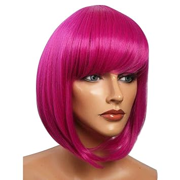 Amazon Com Short Bob Hair Wigs With Bangs Rose Pink Synthetic 12