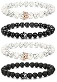 LOLIAS 2-4 Pcs Bead Couples Bracelet for Men Women Crown Queen Bracelet Black Matte Agate & White Howlite Bracelet Adjustable 8MM Beads