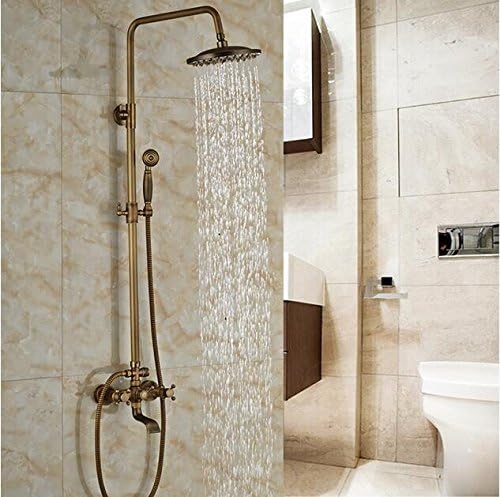 Makej Wall Mount Rainfall Bath Shower Mixer Taps Brass Antique Bathroom Shower Set Column Dual Handle Shower Faucet 360 Rotate Spout