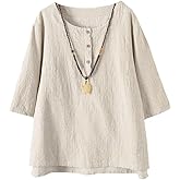 Minibee Women's 3/4 Sleeve Cotton Linen Jacquard Blouses Top T-Shirt