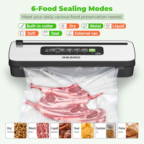 INKBIRD Compact Vacuum Sealer Machine INK-VS05 for Kitchen Use, Preserve Dry/Moist/Liquid Food with 4 Modes, Food Packer with Built-in Cutter and Overheat Protection, Ideal for Freshness Preservation