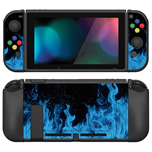 PlayVital ZealProtect Soft Protective Case for Nintendo Switch, Flexible Cover Protector for Switch with Tempered Glass Screen Protector & Thumb Grip Caps & ABXY Direction Button Caps - Blue Flame