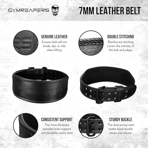 Gymreapers Weight Lifting Belt - 7MM Heavy Duty Pro Leather Belt with Adjustable Buckle - Stabilizing Lower Back Support 4 Inches Wide For Weightlifting, Bodybuilding, Cross Training
