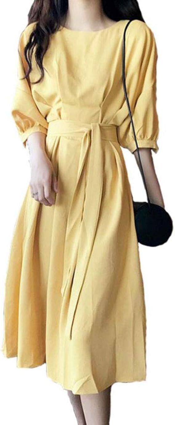 Amazon Co Jp Yejocely ロング丈 ワンピース 夏 ゆったり ベルト付き フレンチスリーブ 半袖 スリット 体型カバー Aライン レディース 服 ファッション小物
