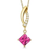 Gem Stone King 10K Yellow Gold Customized and Personalized Princess 5MM Gemstone Birthstone and Lab Grown Diamond Pendant Necklace for Women With 18 Inch Chain