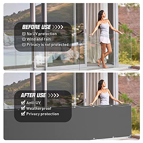 Balkon Sichtschutz, 0,75 x 6m Balkonabdeckung Balkonsichtschutz Balkonverkleidung blickdichte Windschutz und UV-Schutz, mit Ösen, Nylon Kabelbinder und Seil, 100% Schutz der Privatsphäre für Balkon