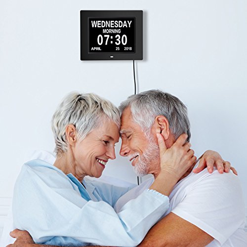 AmoVee Day Clock Calendar Day Digital Alarm Clock with Extra Large Non-Abbreviated Display for Elderly, Vision Impaired, Dementia, Memory Loss, Black