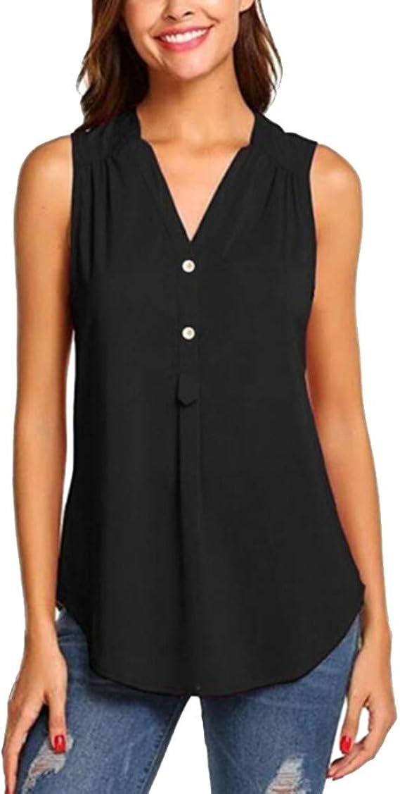 Summer Women V-Neck Button Sleeveless 