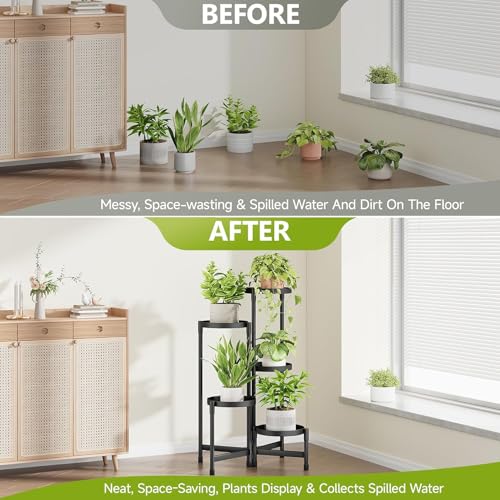 5 Tier Metal Plant Stand, Corner Tall Plant Shelf for Multiple Plants, Indoor Outdoor Flower Pot Holder for Living Room Balcony Garden Patio Yard, Black 48*48*80Cm