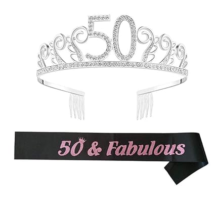 Monggood 50th Birthday Tiara Crown With Shoulder Strap Set For