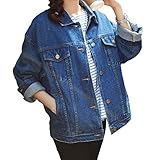 Loose Women Blue Washed Pocket Button Boyfriend Denim Jacket Coat(M-Chest 42.5'', Blue)