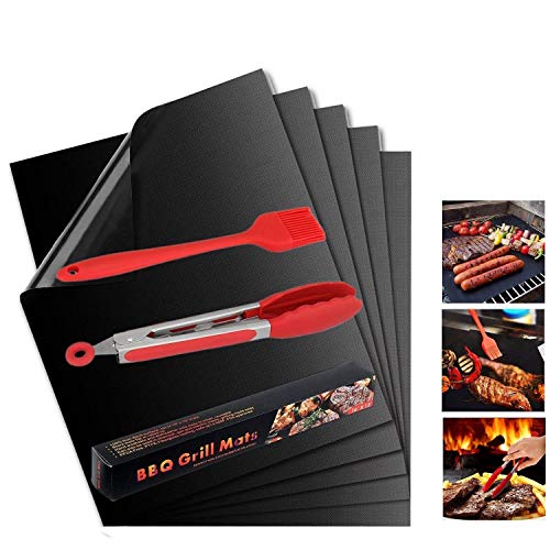 ZOOPOLR Grill Mat Set Of 5-100% Non-stick BBQ Grill & Baking Mats - FDA-Approved, PFOA Free, 16 X 13 Inches, With 12-Inches Stainless Steel Tong & 9-Inches Silicone Brush (Mats+Tong+Brush)