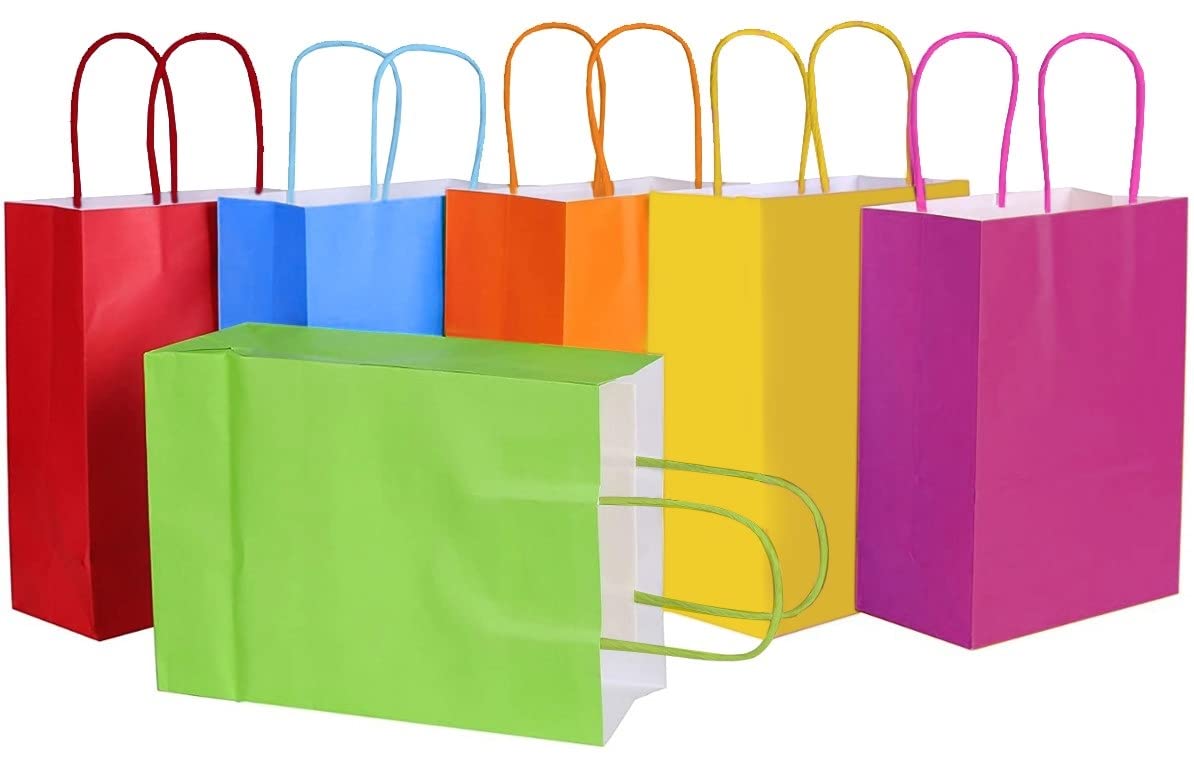 YARIX 12-Pack Multi-Color Gift Bags – Small Kraft Paper Party Bags with Handles for Kids Party, Baby Shower, Christmas, Halloween (22x8x16cm)