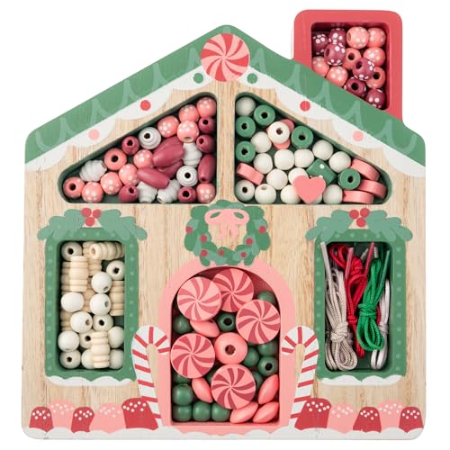 Stephen Joseph, Wooden Holiday Bead Kit for Kids, 125 Wooden Beads with 4 Necklace and 4 Bracelet Cords with Reusable Wooden Tray, Premium Wood Jewelry Making Kit for Kids, Gingerbread House, SJ1070
