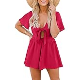 Aoysky Womens Summer Short Rompers Sexy Cute Loose Tie Front Jumpsuit Casual V Neck Wide Leg Beach Overalls