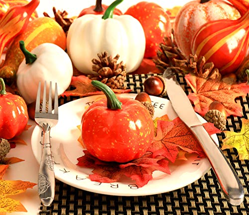 VIGEIYA 134 Pcs Thanksgiving Artificial Pumpkins Autumn Gourds Maple Leaves Pine Cones Harvest Party Decorations