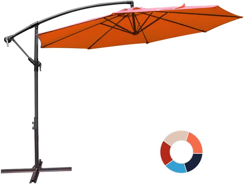 Amazon Com Jiessiwong Offset Umbrella 10ft Cantilever Patio Hanging Umbrella Outdoor Market Umbrellas With Crank Lift Cross Base 10 Ft Orange Garden Outdoor