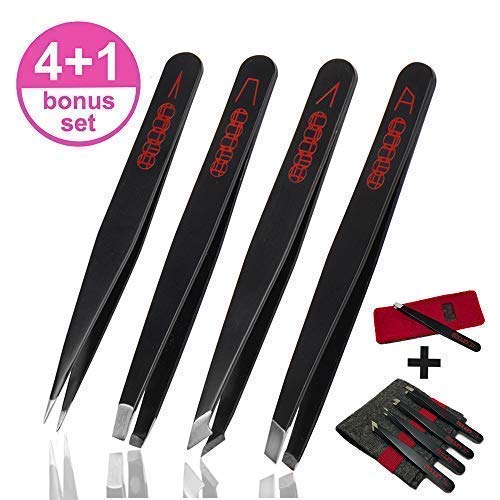 4 pcs Tweezers + 1 BONUS Slant Tweezer, Upgraded Tweezer Set - 1.5mm Stainless Steel with Protective Cases. - For Travel, Eyebrows, Ingrown Hair, Splinter, First Aid Kit (Black Set)