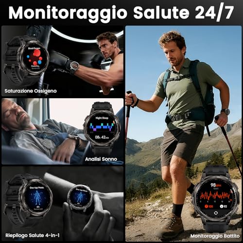 KOSPET Tank T4C Smartwatch with GPS, Full Metal Body, LED Flashlight, 50 Day Battery, Health Monitor 24/7.5ATM/IP69K, 170+ Sports Modes, 1.5 Inch Screen, Android & iOS Black