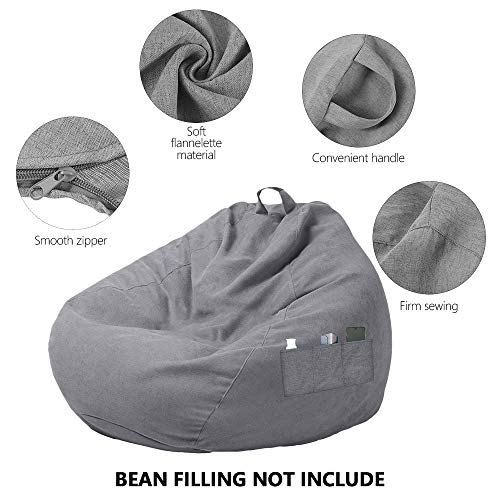 ODOMY Stuffed Animal Storage Bean Bag Chair Cover (Without Filler) for Kids and Adults, S M XL Stuffable Zipper Beanbag Covers for Organizing Children Plush Toys or Memory Foam with Three Side Pockets