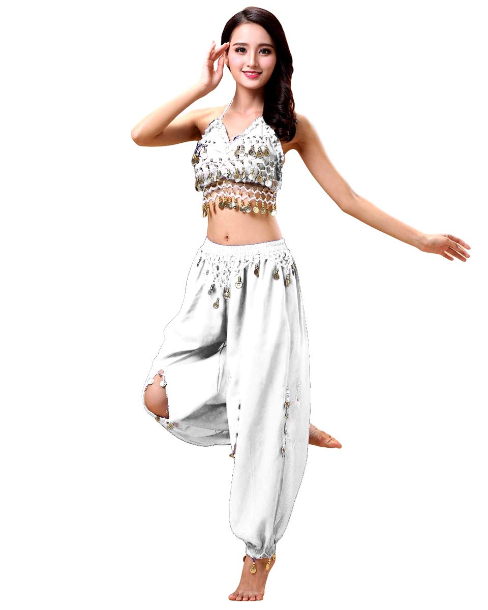 Grouptap Bollywood Women India Arabian Lady Belly Dancer Sequined top Slit Pants Dress Party Costume White Fancy Adult Outfit (White, 150-170 cm)